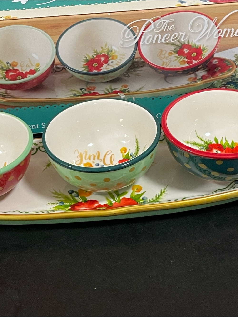 Floral Ceramic Dip Bowl Set with Polka Dot Accents - The Pioneer Woman